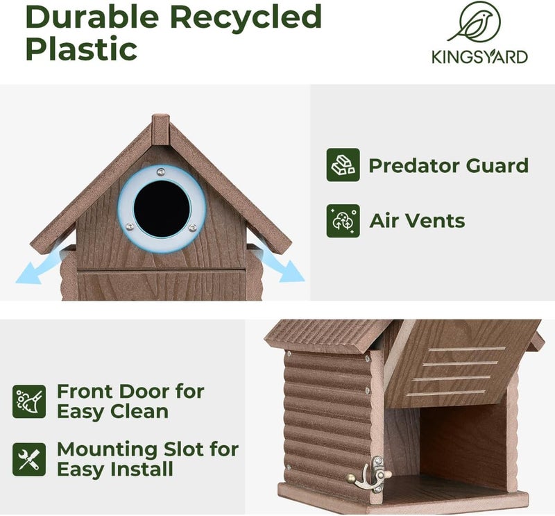 Kingsyard Recycled Plastic Bird House for Outdoors - Weatherproof Nesting Box with Clear View Panel & Predator Guard for Bluebird Wren Swallow Finch, Brown - Image 3
